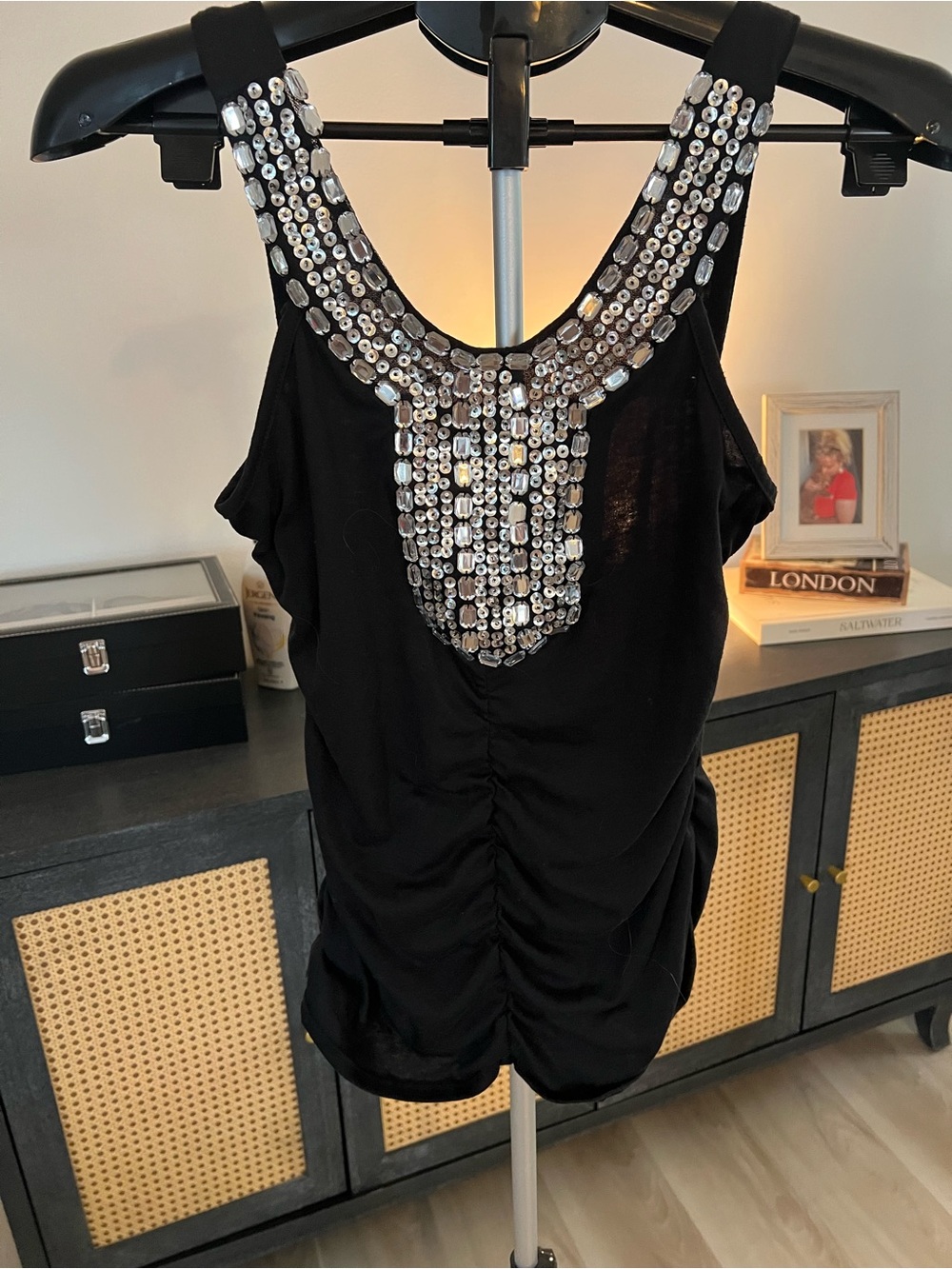 Body Central Black Tank Top with Silver Sequin Bib